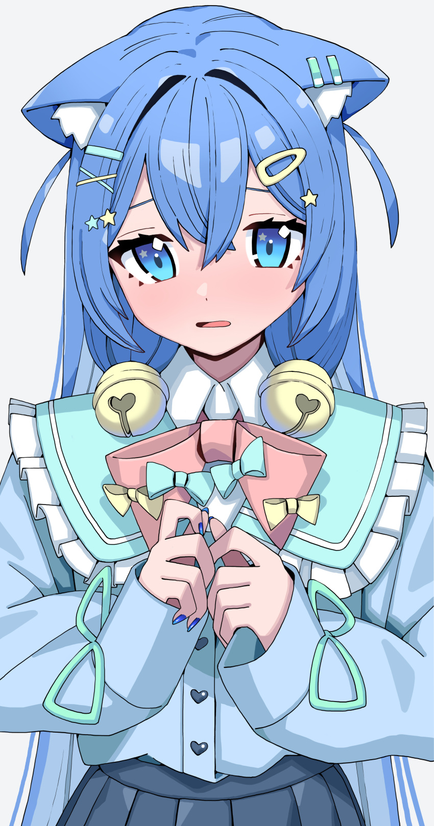 1girl, absurdres, animal_ear_fluff, animal_ears, azure_blue_eyes, azure_blue_hair, bell, blue_nails, blue_shirt, blue_skirt, bow, cat_ears, cat_girl, collared_shirt, cowboy_shot, grey_background, hair_ornament, hairclip, hands_up, heart, highres, jingle_bell, long_sleeves, looking_at_viewer, morumoru_x, nail_polish, open_mouth, original, red_bow, shirt, simple_background, skirt, sleeves_past_wrists, solo, star_(symbol), star_hair_ornament, white_shirt, x_hair_ornament