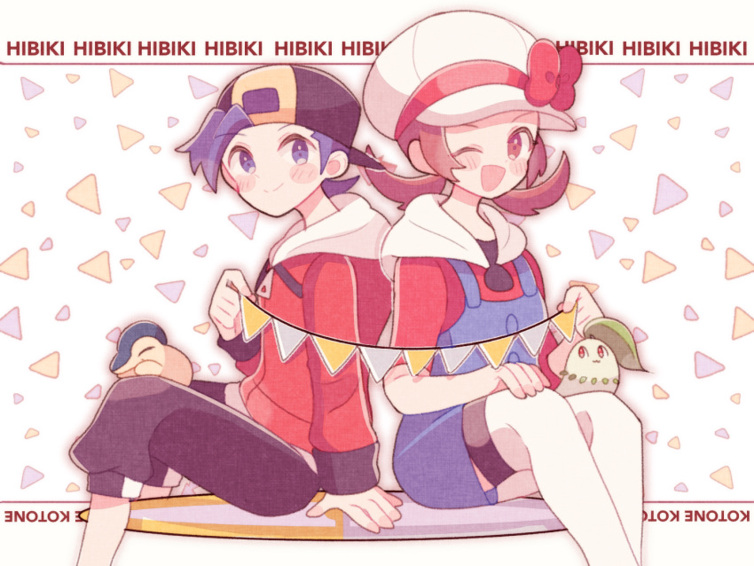 1boy, 1girl, ;d, arm_support, backwards_hat, baseball_cap, black_hair, black_hat