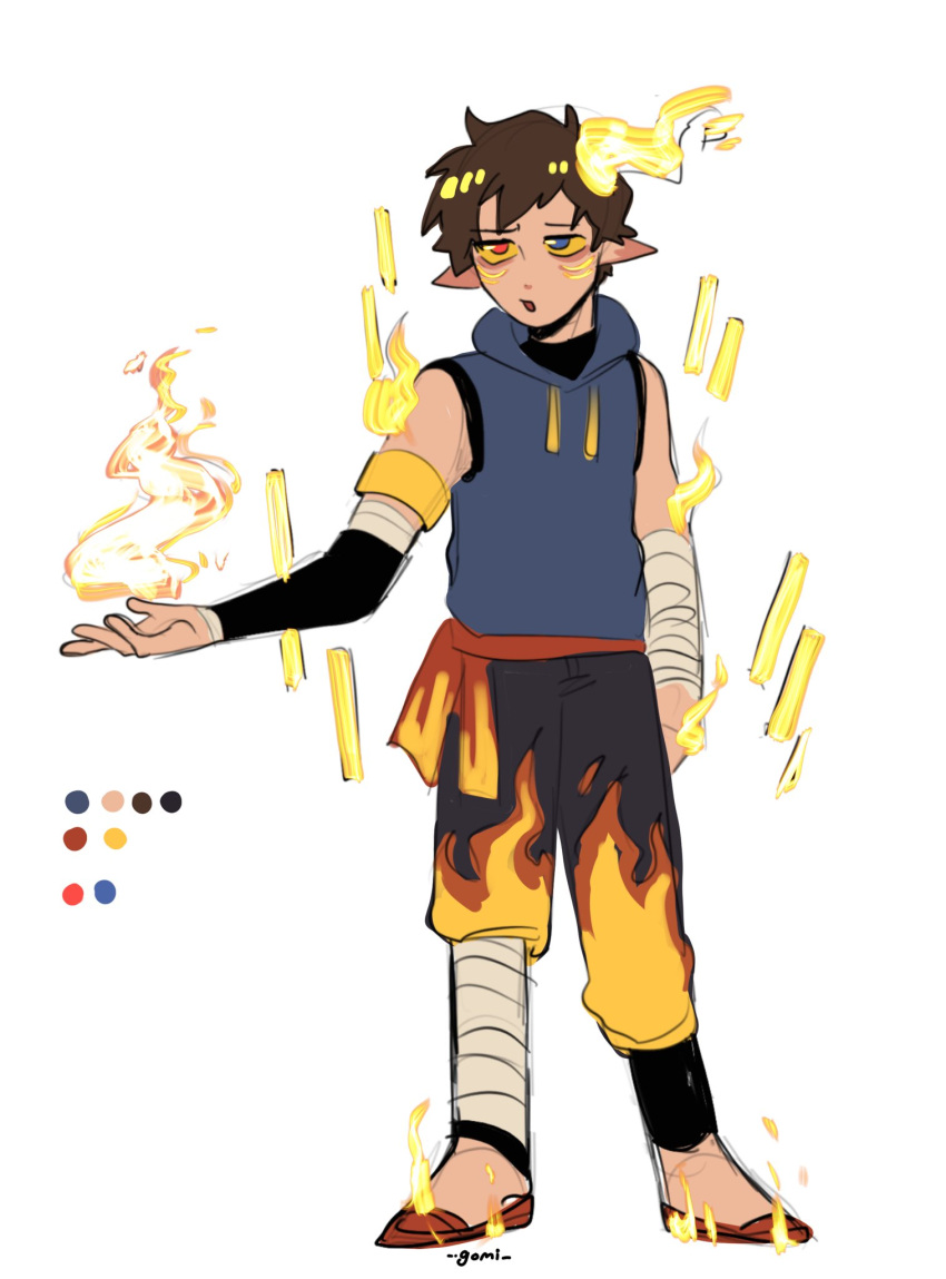 1boy, bandaged_arm, bandages, blaze_rod, brown_hair, color_guide, fire, full_body, gomi_(gomiidd), heterochromia, highres, hood, hoodie, jack_manifold, male_focus, minecraft, minecraft_youtube, monster_boy, origins_smp, pointy_ears, red_footwear, shoes, short_hair, sleeveless, sleeveless_hoodie, solo, standing, white_background