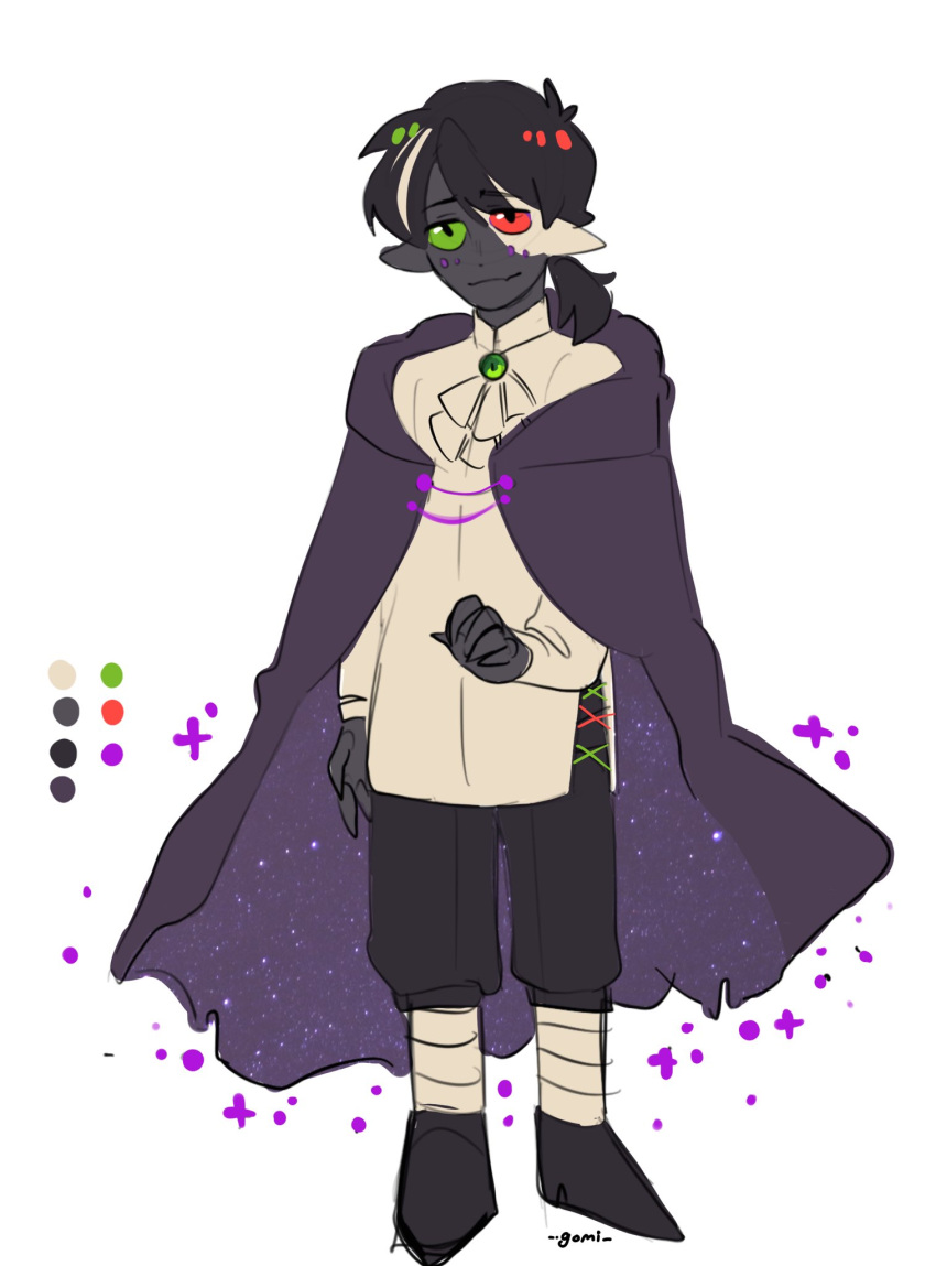 1boy, ascot, black_footwear, black_hair, black_pants, black_skin, cape, color_guide