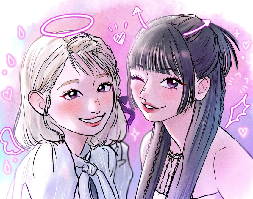 2girls, animification, blonde_hair, blush, braid, drawn_halo, drawn_horns, drawn_wings