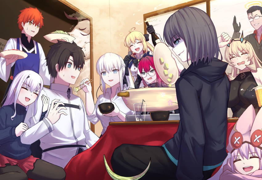 4boys, 6+girls, absurdres, apron, arm_hug, artoria_caster_(fate), artoria_caster_(second_ascension)_(fate), artoria_pendragon_(fate)