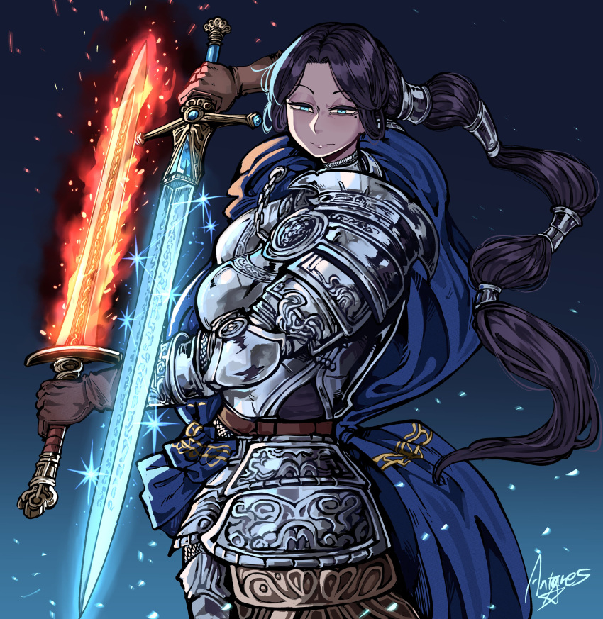 1girl, absurdres, antares_topaz, armor, artist_name, black_hair, blue_background, blue_eyes