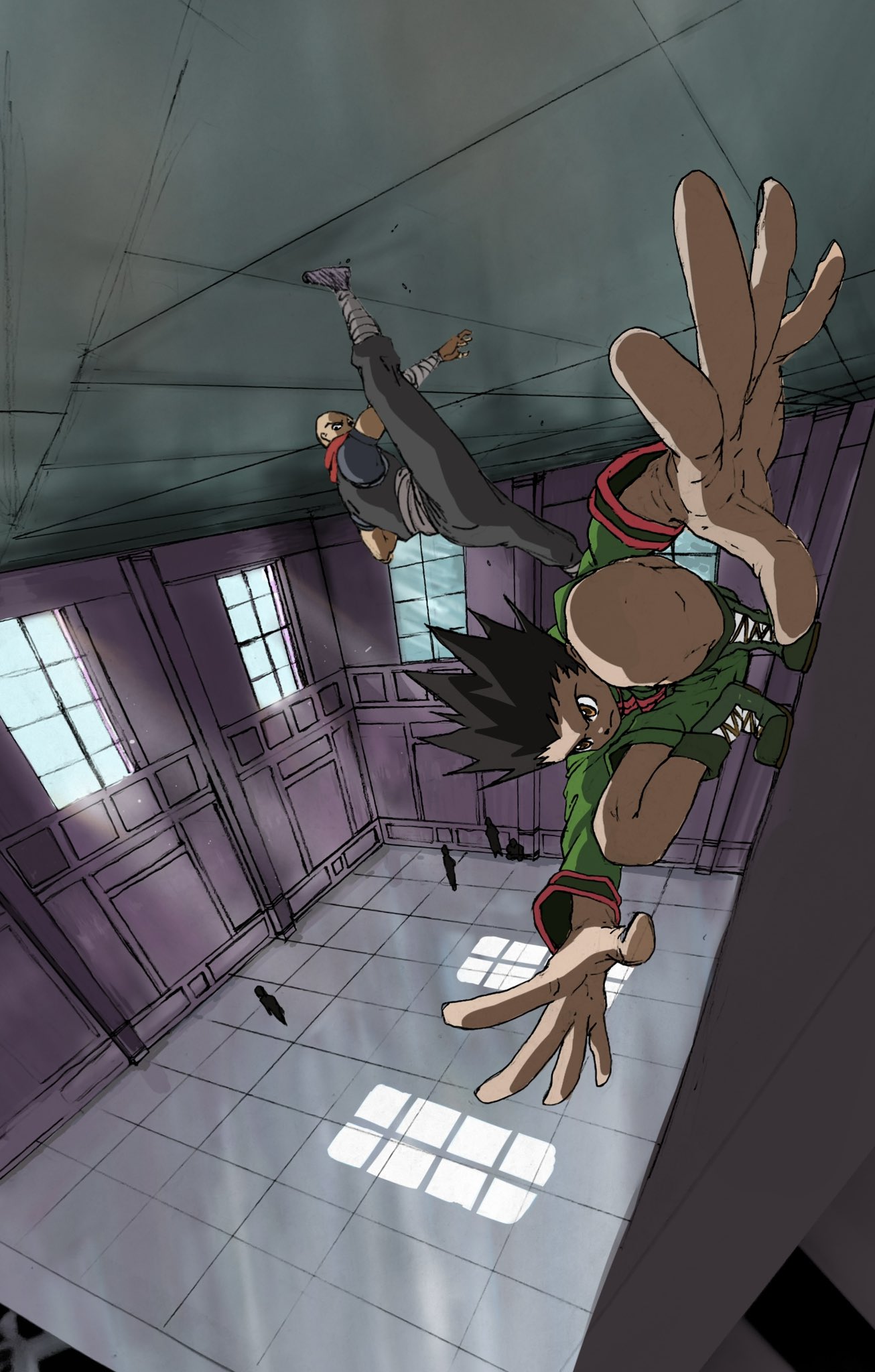 2boys, 4others, black_hair, character_request, child, commentary_request, gon_freecss, green_footwear, green_shorts, highres, hunter_x_hunter, itokazuuu, kneeling, male_focus, multiple_boys, multiple_others, shoes, shorts, tile_floor, tiles