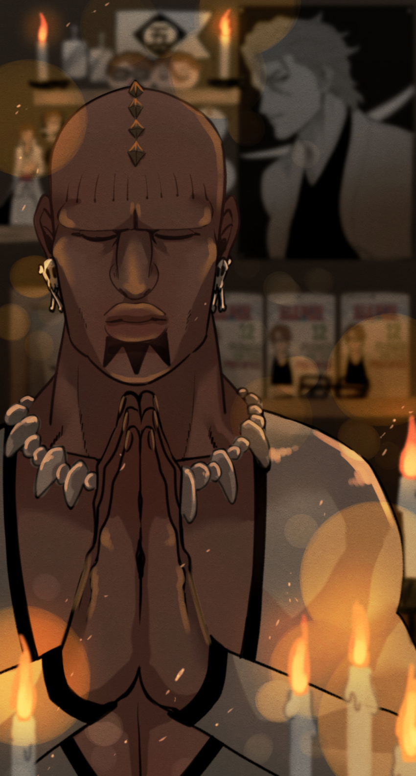 aizen_sousuke, arrancar, bald, black_skin, bleach, candle, candlelight, closed_eyes