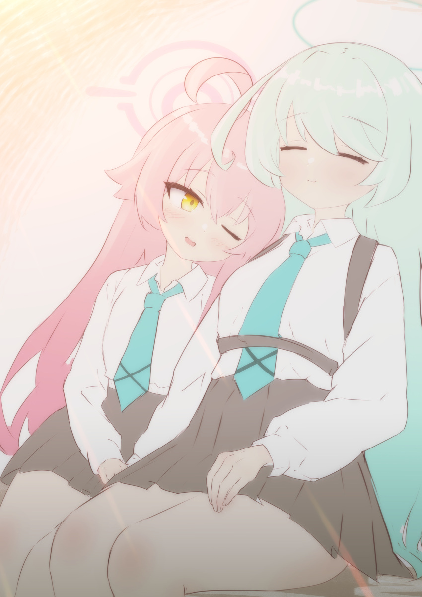 2girls, absurdres, ahoge, black_skirt, blue_archive, blue_necktie, blush, closed_eyes