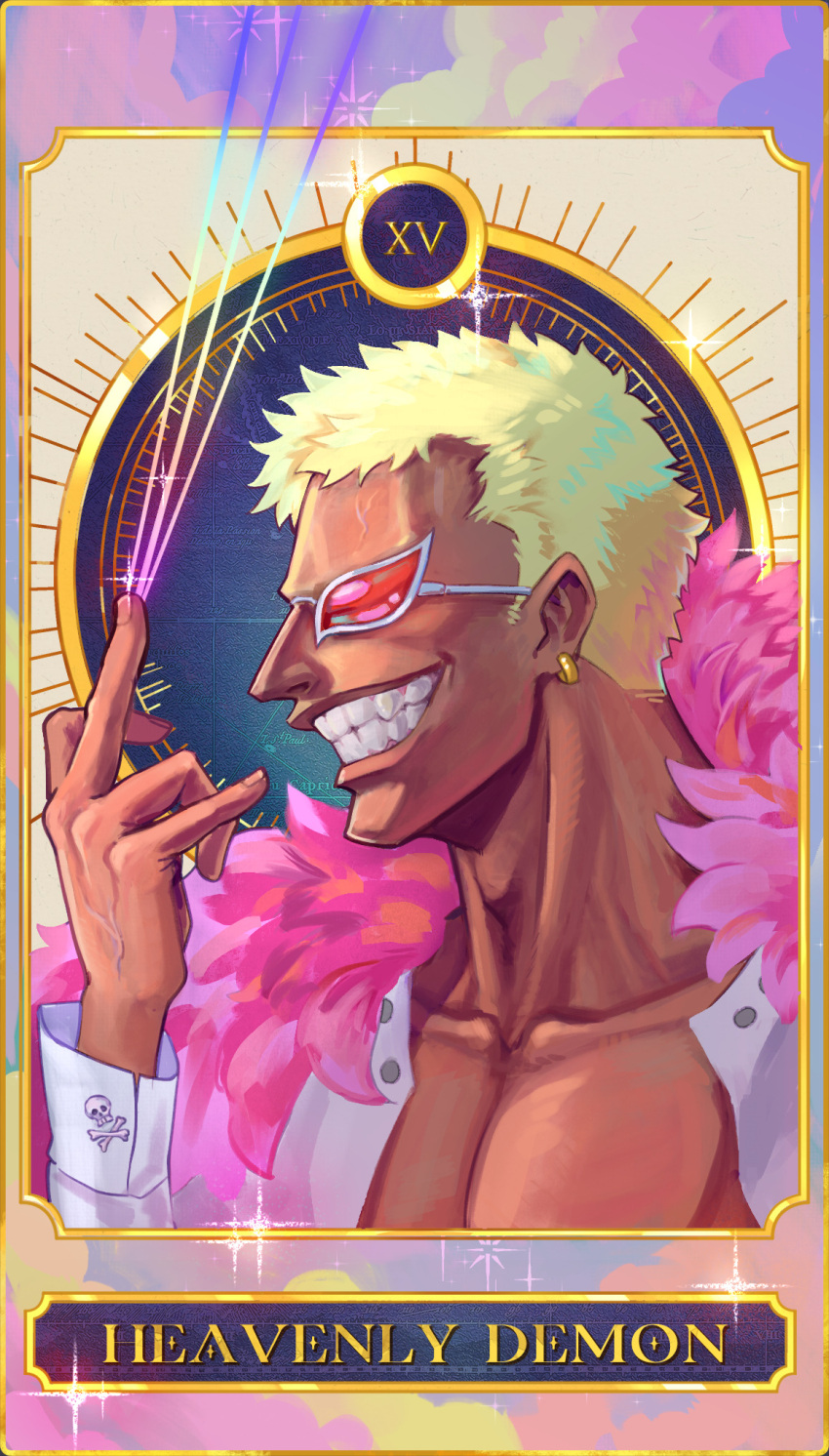 1boy, blonde_hair, card_(medium), clouds, cloudy_sky, coat, donquixote_doflamingo, earrings