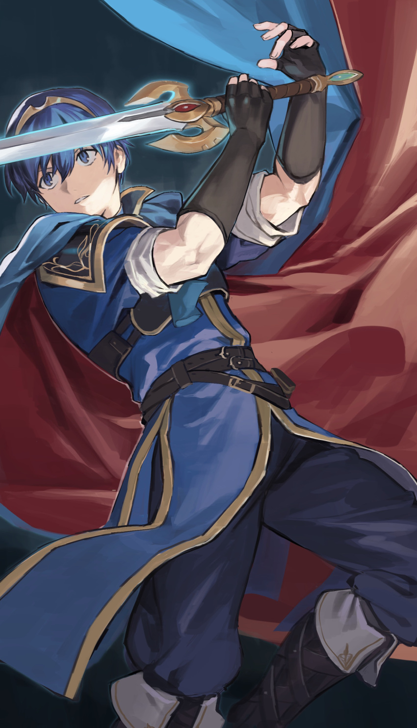 1boy, absurdres, belt, black_gloves, blue_cape, blue_eyes, blue_hair, blue_pants