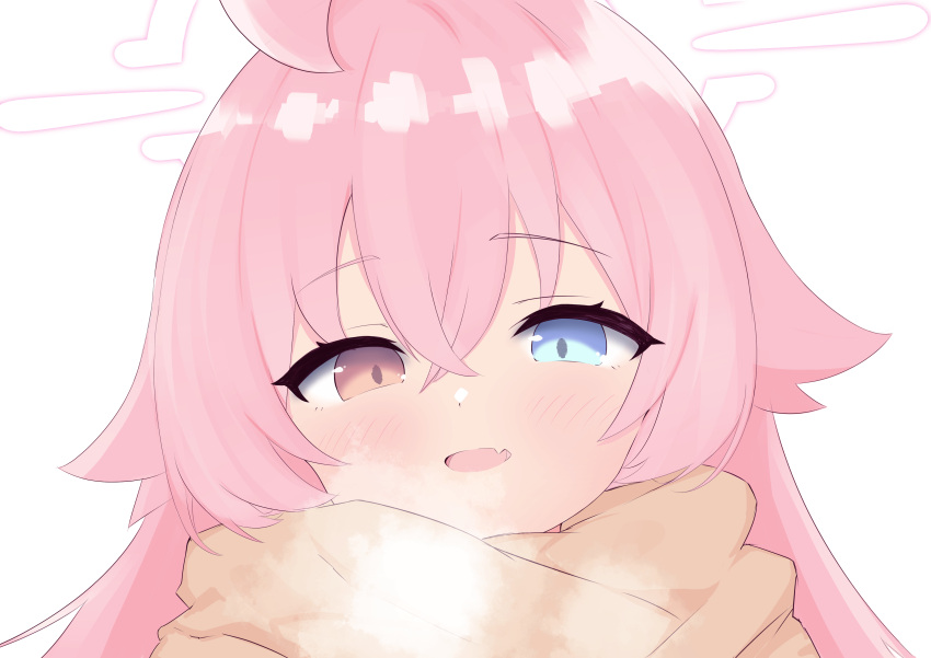 1girl, absurdres, ahoge, blue_archive, blue_eyes, blush, breath, brown_scarf
