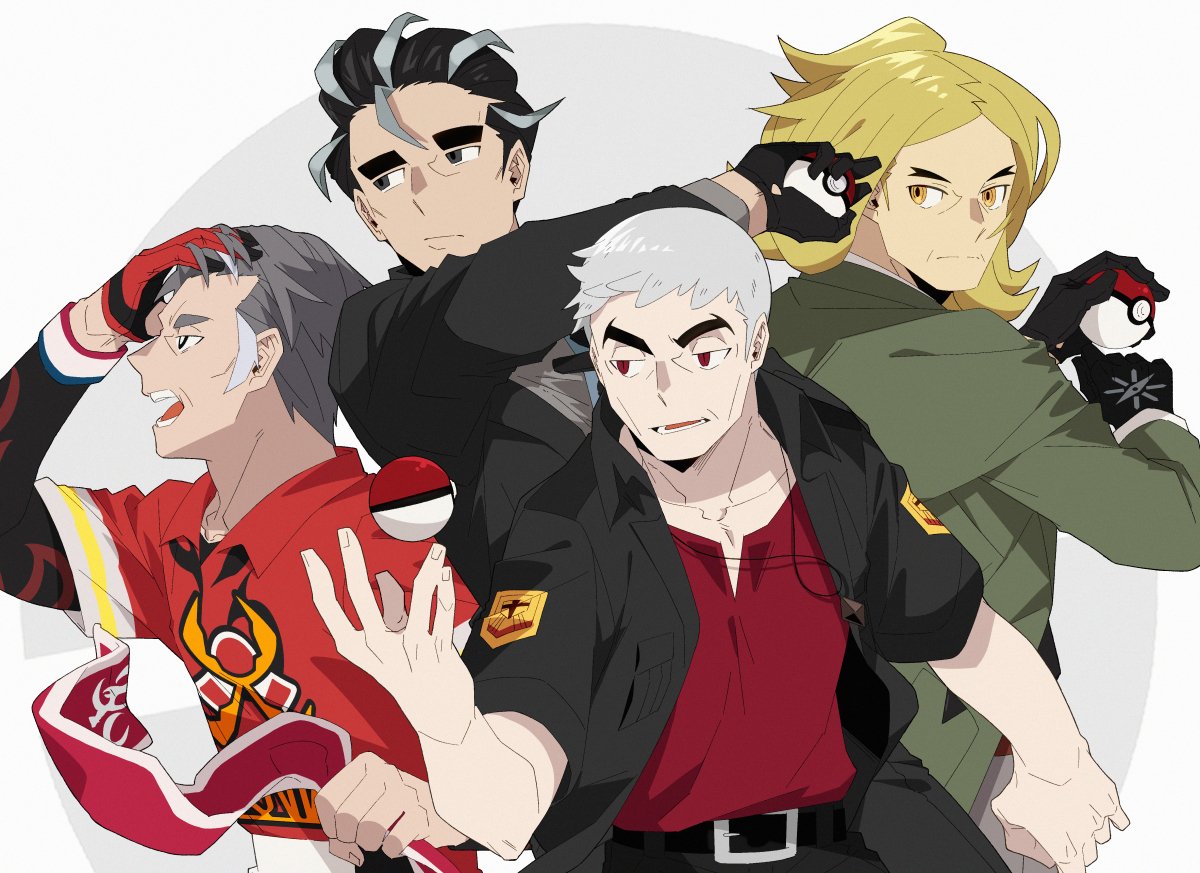 4boys, belt, black_belt, black_eyebrows, black_gloves, black_hair, black_suit, blonde_hair