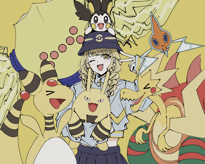 >_<, 1girl, 28ki_00, alternate_costume, ampharos, black_skirt, blonde_hair, blush