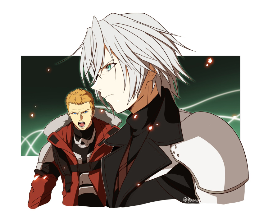 2boys, armor, black_jacket, black_shirt, blonde_hair, border, chest_strap, final_fantasy
