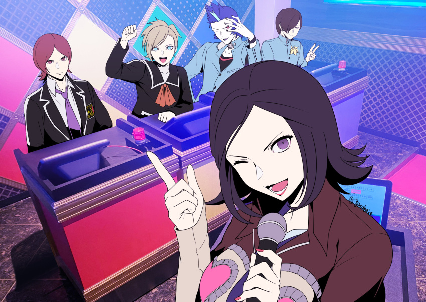 2girls, 3boys, absurdres, amano_maya, black_hair, black_jacket, black_shirt, blonde_hair