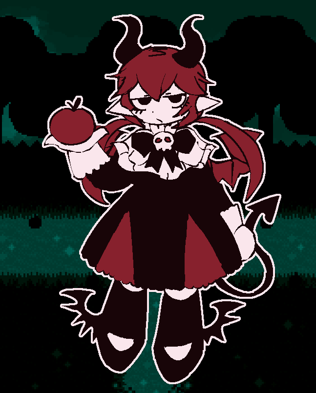 1girl, apple, black_bow, black_bowtie, black_dress, black_eyes, black_footwear, black_horns