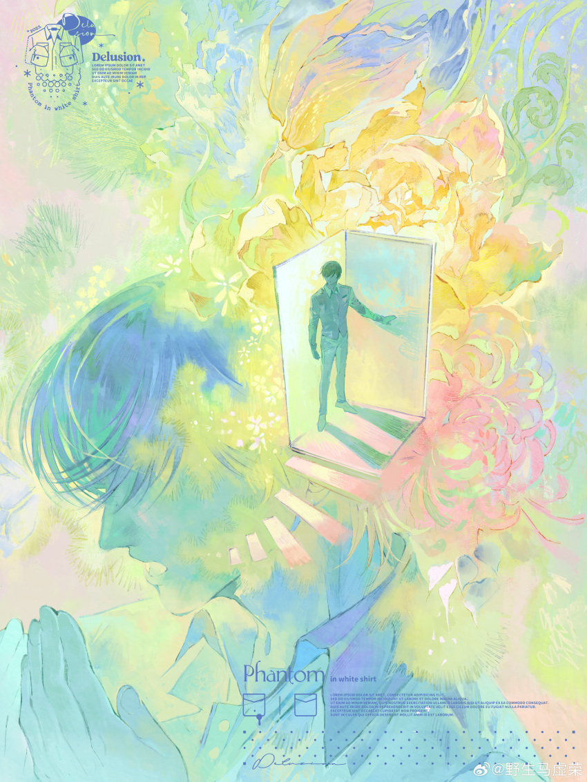 2boys, absurdres, black_hair, blue_footwear, blue_pants, blue_shirt, check_copyright, chinese_commentary