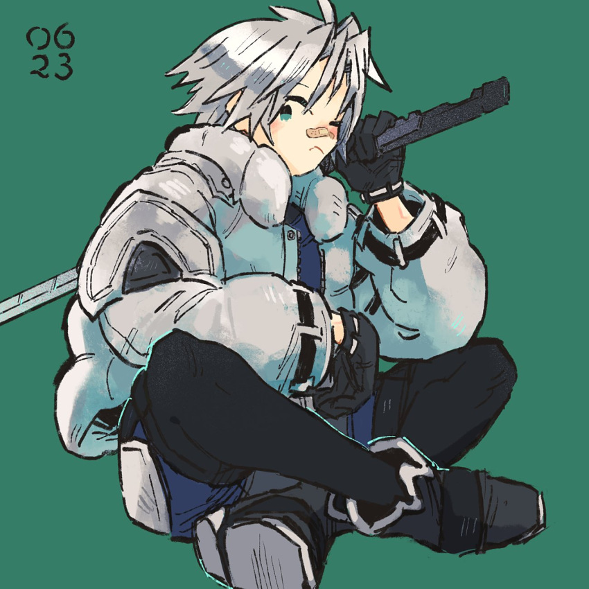 1boy, aged_down, bandaid, bandaid_on_face, bandaid_on_nose, black_footwear, black_gloves, black_thighhighs