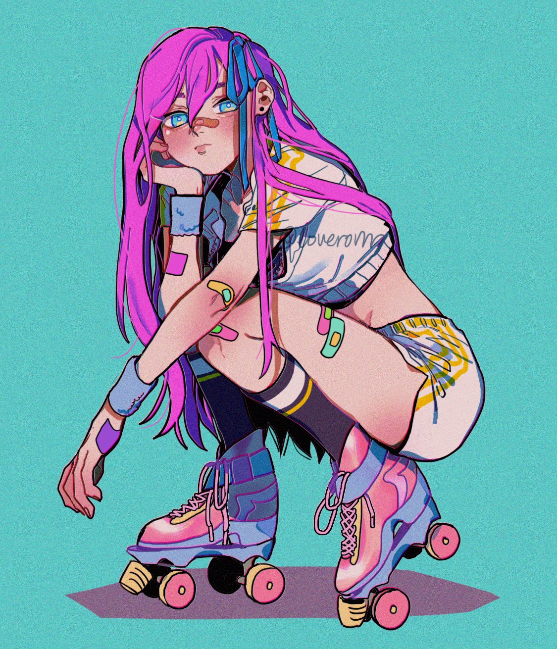 1girl, alternate_costume, aubrey_(faraway)_(omori), aubrey_(omori), bandaid, bandaid_on_arm, bandaid_on_face, bandaid_on_knee, bandaid_on_leg, bandaid_on_nose, black_socks, blue_background, blue_ribbon, crop_top, ear_piercing, hair_ribbon, hat_babo, highres, juvenile, lips, long_hair, omori, piercing, pink_hair, ribbon, roller_skates, short_sleeves, shorts, simple_background, skates, socks, solo, squatting, teenage, tomboy, twitter_username, white_shorts, young