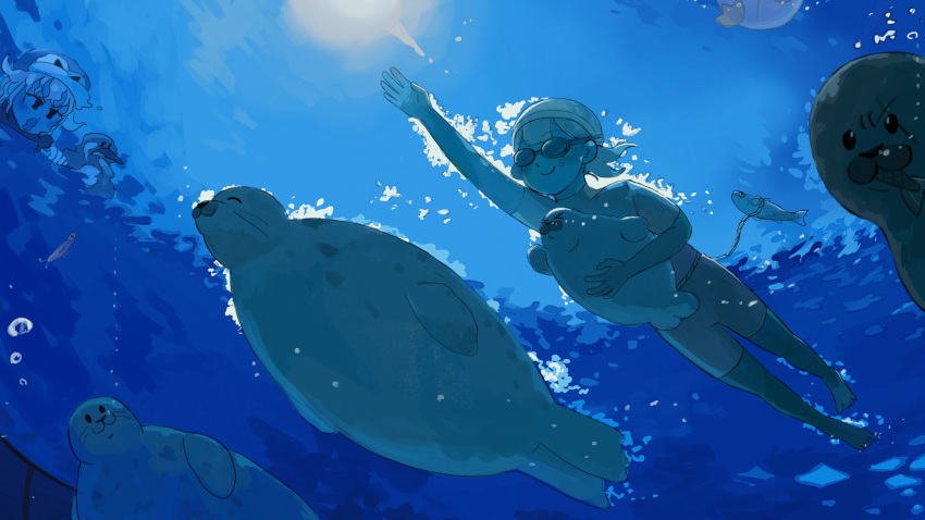 2girls, :o, absurdres, air_bubble, bird, blue_theme, bodysuit, bubble