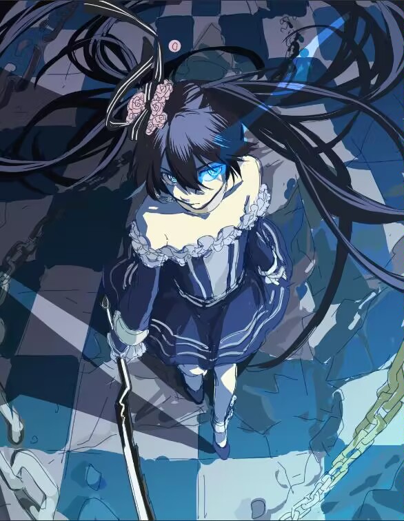 1girl, bare_shoulders, black_bow, black_hair, black_rock_shooter:_innocent_soul, black_rock_shooter_(character), blue_dress, blue_eyes, bow, chain, dress, flaming_eye, flower, frilled_dress, frills, from_above, hair_bow, hair_flower, hair_ornament, li01m4jte7qiakj, long_hair, long_sleeves, ron_(black_rock_shooter), twintails