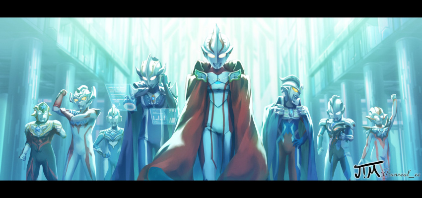 1girl, 6+boys, alien, cape, color_timer, highres, multiple_boys, no_humans