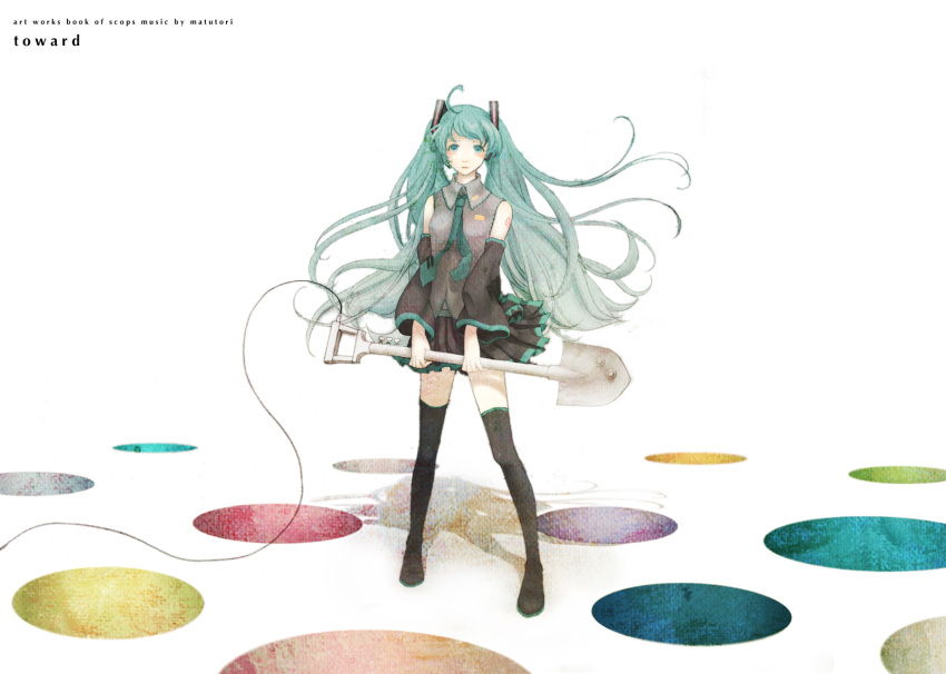cable, hatsune_miku, highres, holes, onohana, polka_dot, shovel, thighhighs