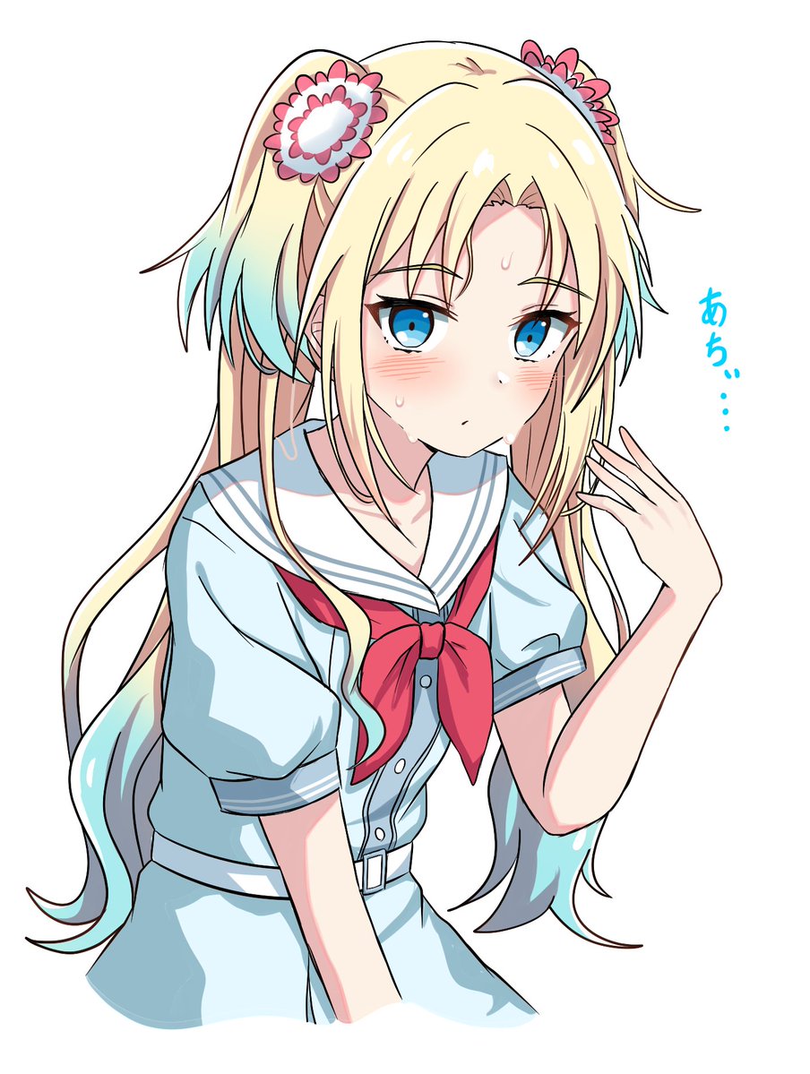 1girl, blonde_hair, blue_eyes, blue_hair, blush, collarbone, commentary_request, dress