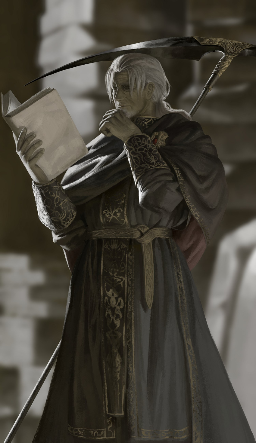 1boy, absurdres, beard, black_capelet, black_robe, blurry, blurry_background, book, capelet, commentary, elden_ring, elden_ring:_shadow_of_the_erdtree, english_commentary, facial_hair, grey_hair, highres, holding, holding_book, long_hair, long_sleeves, looking_at_object, male_focus, old, old_man, ponytail, reading, robe, scythe, sir_ansbach, solo, variant_set, weapon, weapon_on_back, wrinkled_skin, x37tc