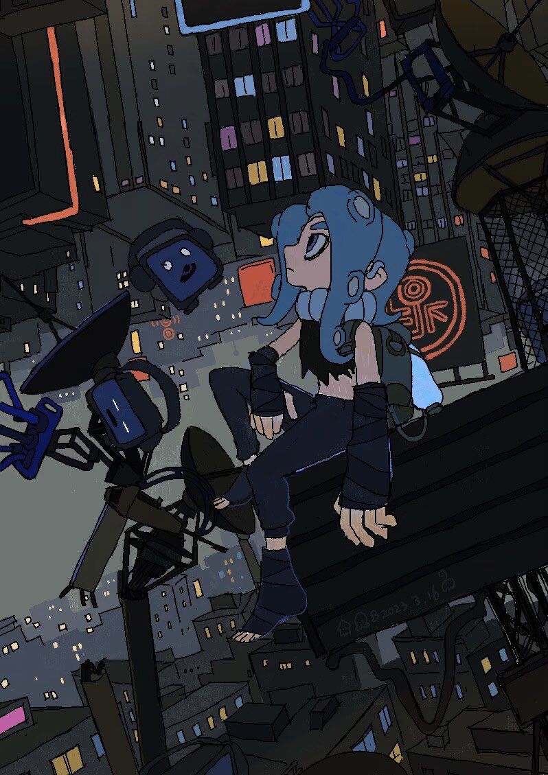 aqua_eyes, aqua_hair, arm_on_thigh, black_pants, black_sleeves, black_socks, cityscape, closed_mouth