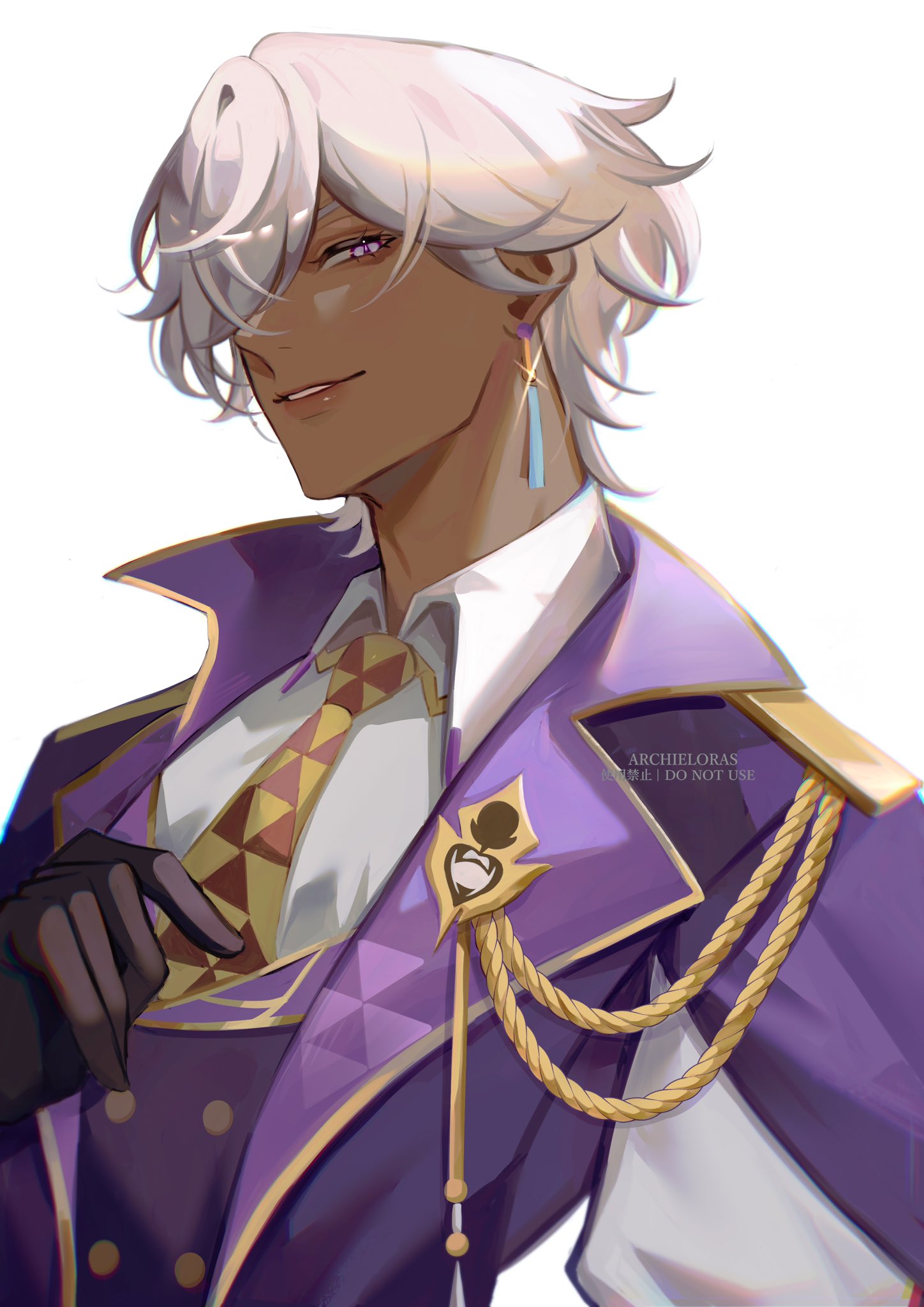 1boy, aiguillette, archieloras, artist_name, black_gloves, brown_necktie, buttons, coat, collared_shirt, commentary, crossed_bangs, dark-skinned_male, dark_skin, earrings, english_commentary, gloves, hair_between_eyes, hand_up, highres, honkai:_star_rail, honkai_(series), jewelry, lapels, long_sleeves, looking_at_viewer, male_focus, necktie, parted_bangs, parted_lips, purple_coat, purple_vest, shirt, short_hair, simple_background, smile, solo, sugilite_(honkai:_star_rail), sugilite_(stoneheart's_oath_ring:_both_ends_of_the_scale)_(honkai:_star_rail), upper_body, vest, violet_eyes, watermark, white_background, white_hair, white_shirt, wing_collar, yellow_necktie
