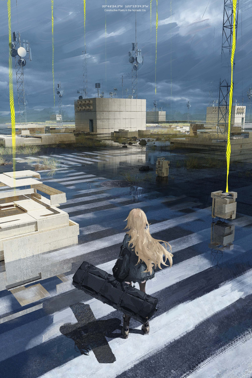1girl, absurdres, after_rain, arms_at_sides, beacon, black_jacket, black_thighhighs, blonde_hair