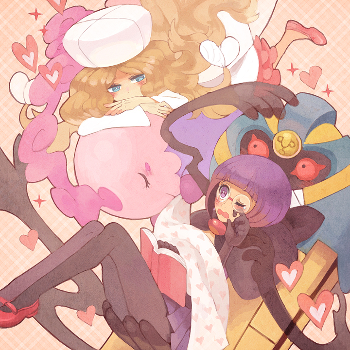 2girls, blue_eyes, book, brown_hair, cattleya_(pokemon), cofagrigus, gray_pantyhose, hat