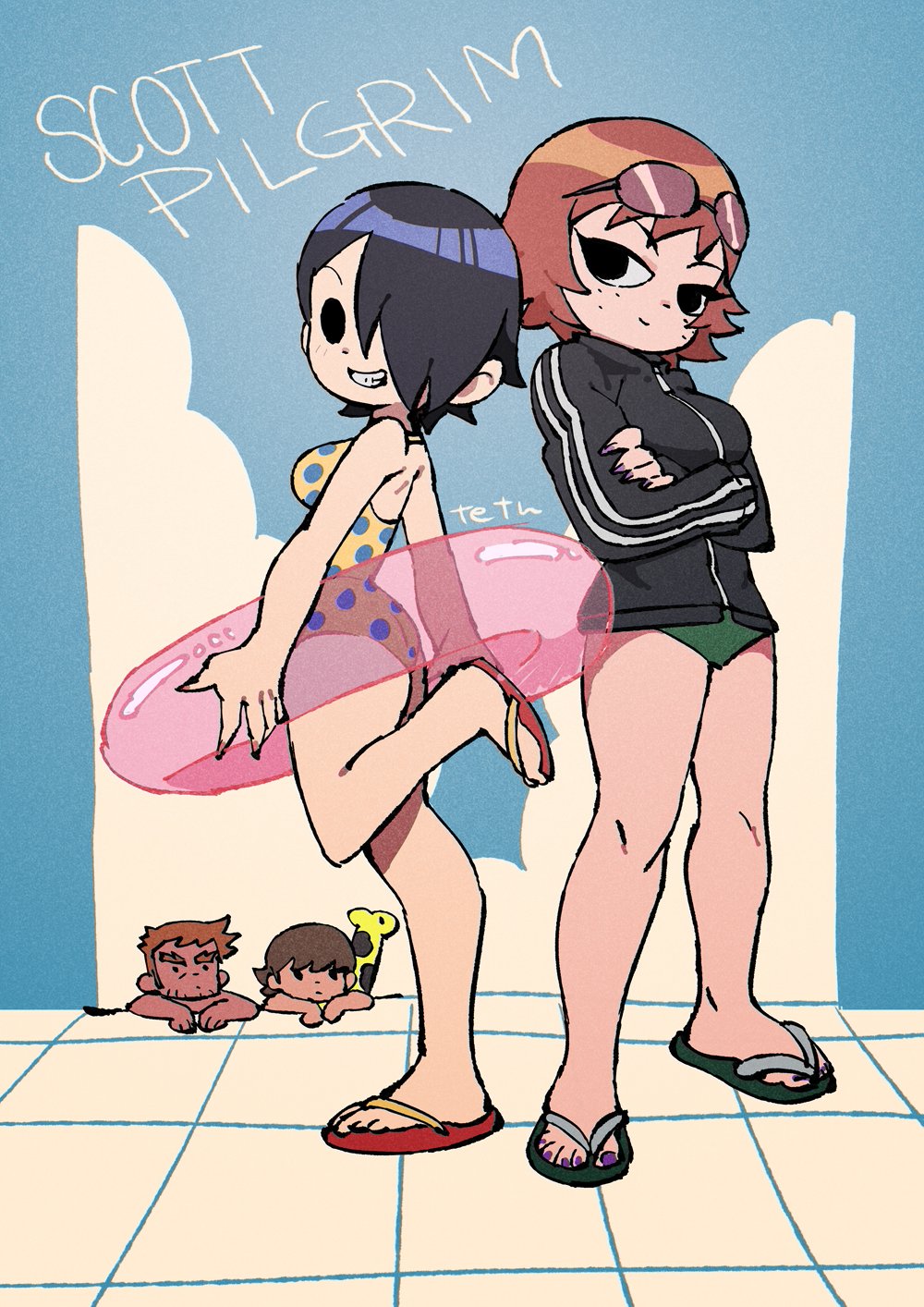 2boys, 2girls, black_eyes, black_hair, breasts, brown_hair, english_text, facial_hair