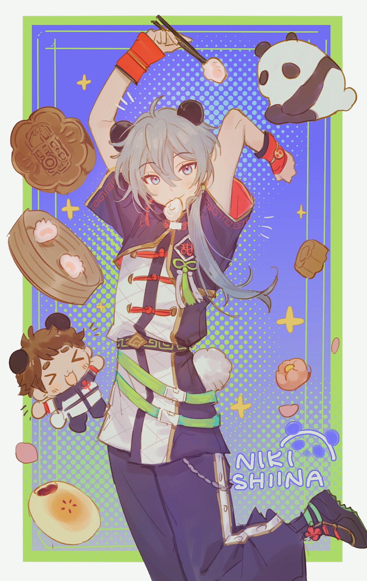 >_<, 2boys, :3, animal_ears, arms_up, bamboo_steamer, border, character_name