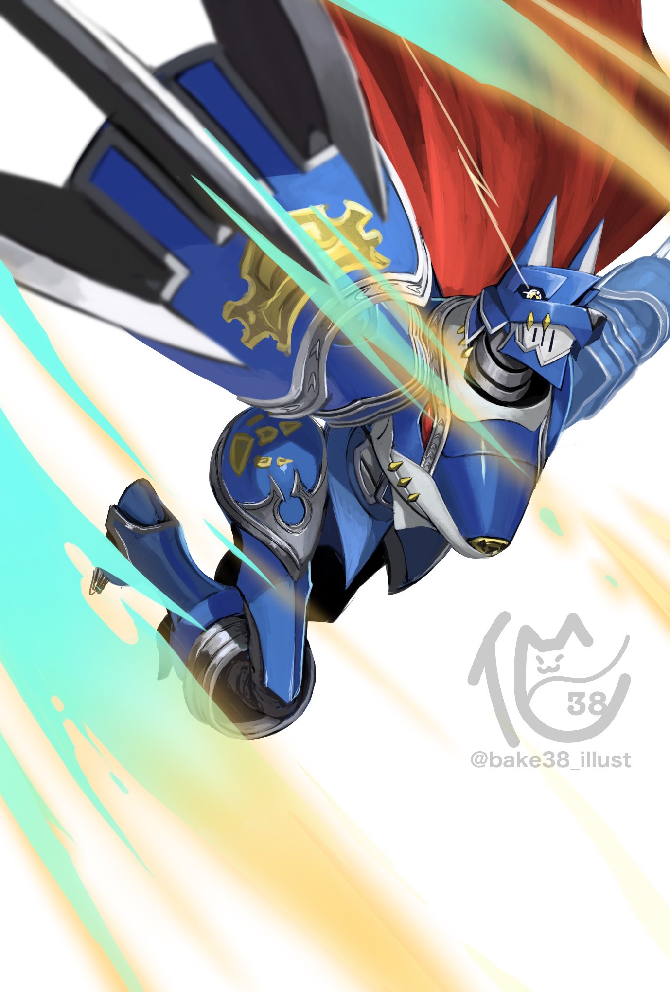 1boy, armor, artist_logo, bakeneko38, blue_armor, cape, claw_(weapon), digimon