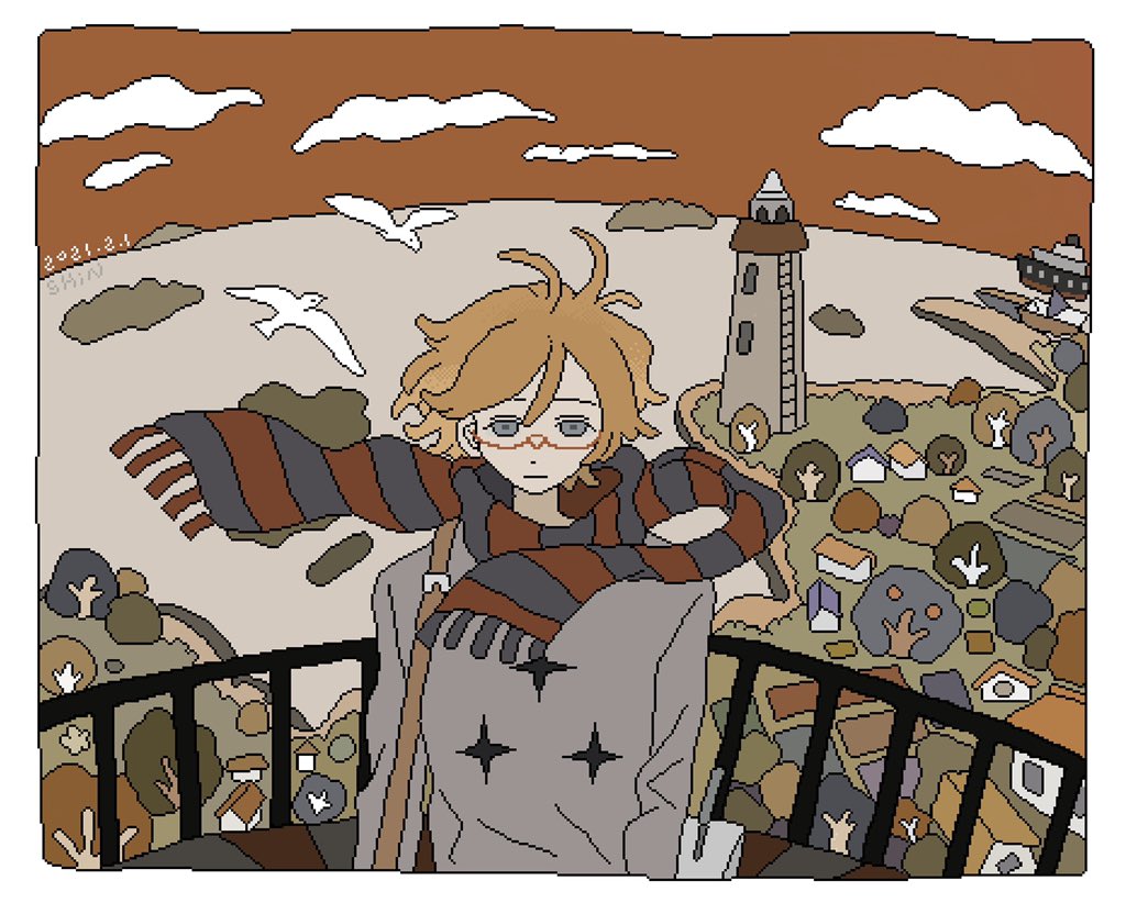 1other, 2021, :|, against_railing, arm_at_side, bag, bird, blonde_hair