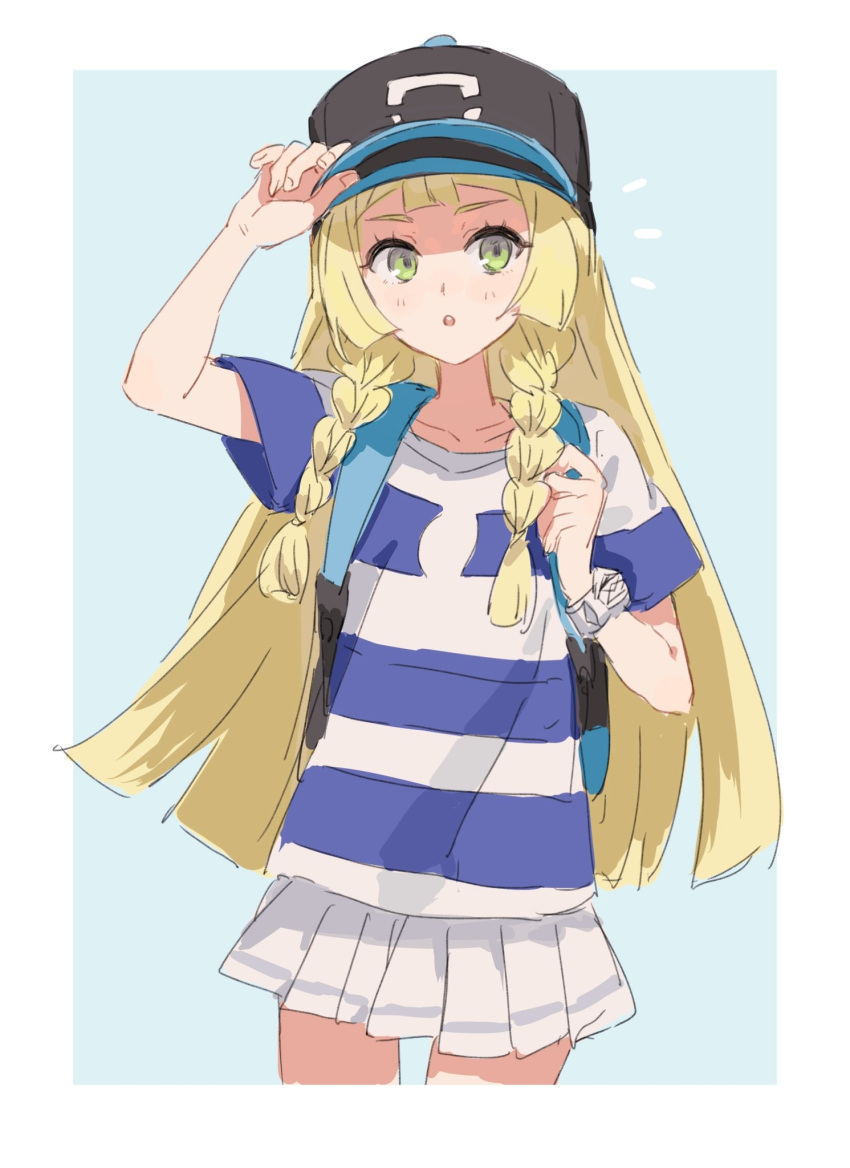 1girl, adjusting_clothes, adjusting_headwear, backpack, bag, baseball_cap, black_hat, blonde_hair