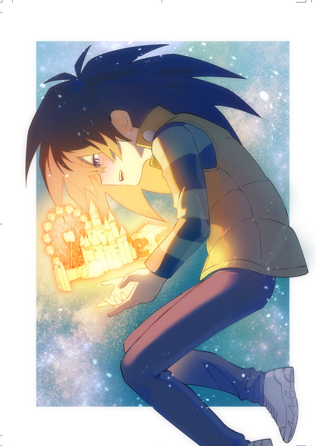 1boy, black_hair, blue_shirt, glowing, highres, kaiba_mokuba, long_hair, male_focus, moemoenomori, shirt, solo, vest, yellow_vest, yu-gi-oh!, yu-gi-oh!_duel_monsters
