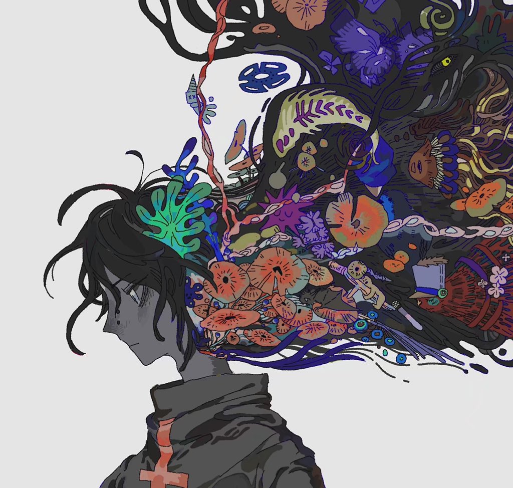 1other, closed_mouth, commentary, creature, expressionless, floating_hair, fungi, long_hair