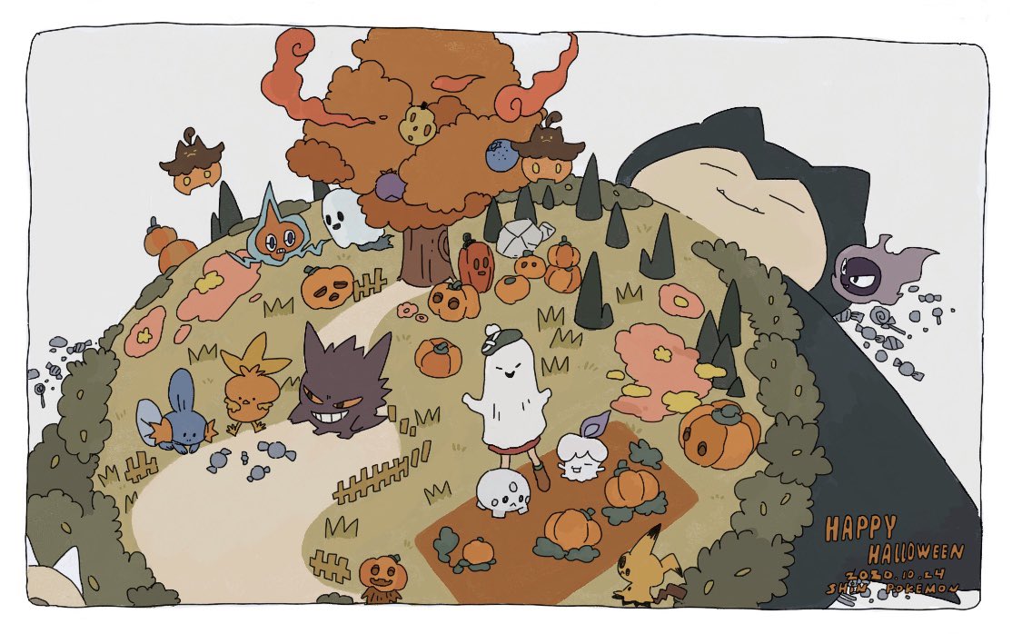 1girl, 2020, animal, border, bush, candy, copyright_name, fence, food, galarian_corsola, gastly, gengar, ghost, ghost_costume, gloria_(pokemon), grass, happy_halloween, litwick, lying, mimikyu, mudkip, on_stomach, oversized_animal, path, pokemon, pumpkaboo, pumpkin, rotom, shinnotonari, simple_flower, snorlax, torchic, tree, very_wide_shot, wrapped_candy