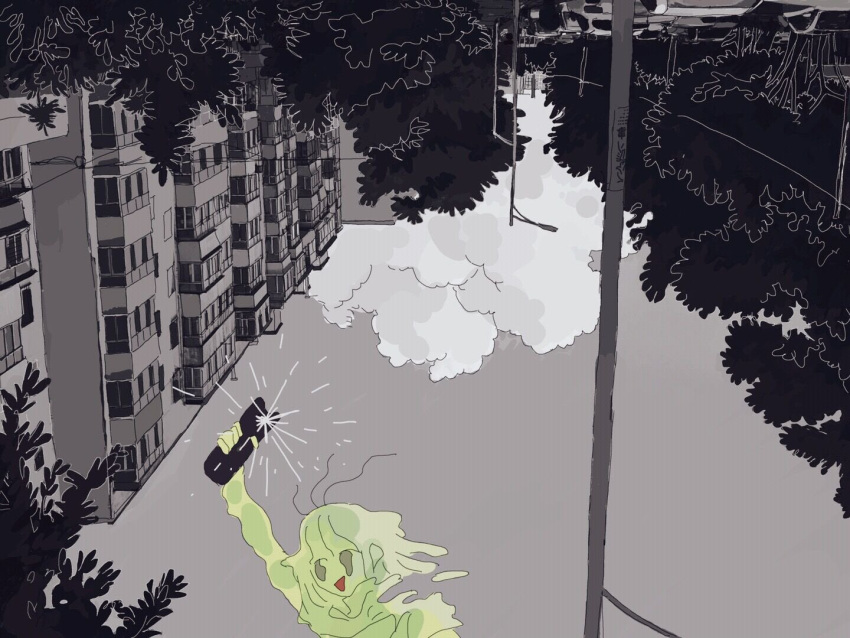1other, apartment, arm_up, building, car, clouds, colored_skin, cumulonimbus_cloud, dissolving, foliage, green_hair, green_skin, greyscale, holding_stapler, lamppost, monochrome, motor_vehicle, no_nose, no_pupils, no_sclera, original, outdoors, scenery, shinnotonari, sky, spot_color, stapler, surreal, tree, triangle_mouth, upside-down, wavy_eyes, wide_shot