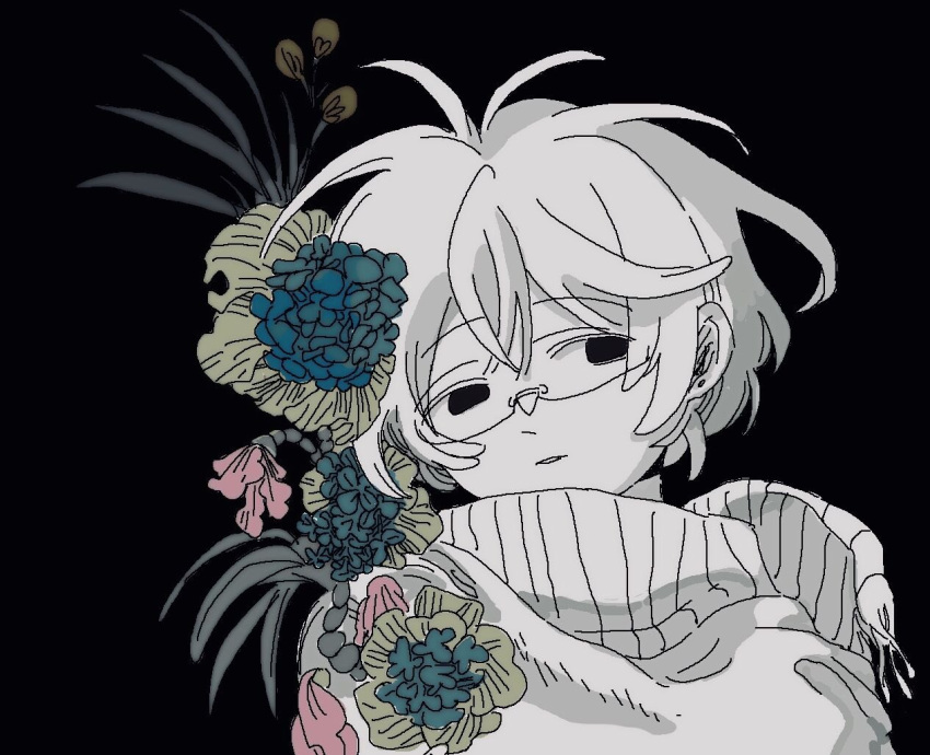 1other, antenna_hair, aqua_flower, arms_at_sides, black_background, blur_layer, crossed_bangs, earrings