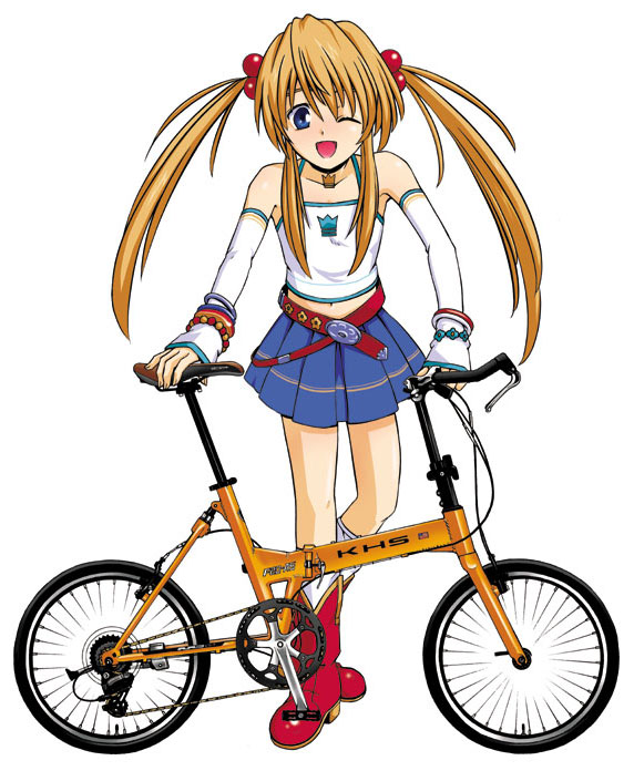 belt, bicycle, boots, detached_sleeves, higedandei, rikka_(baby_princess), twintails, wink