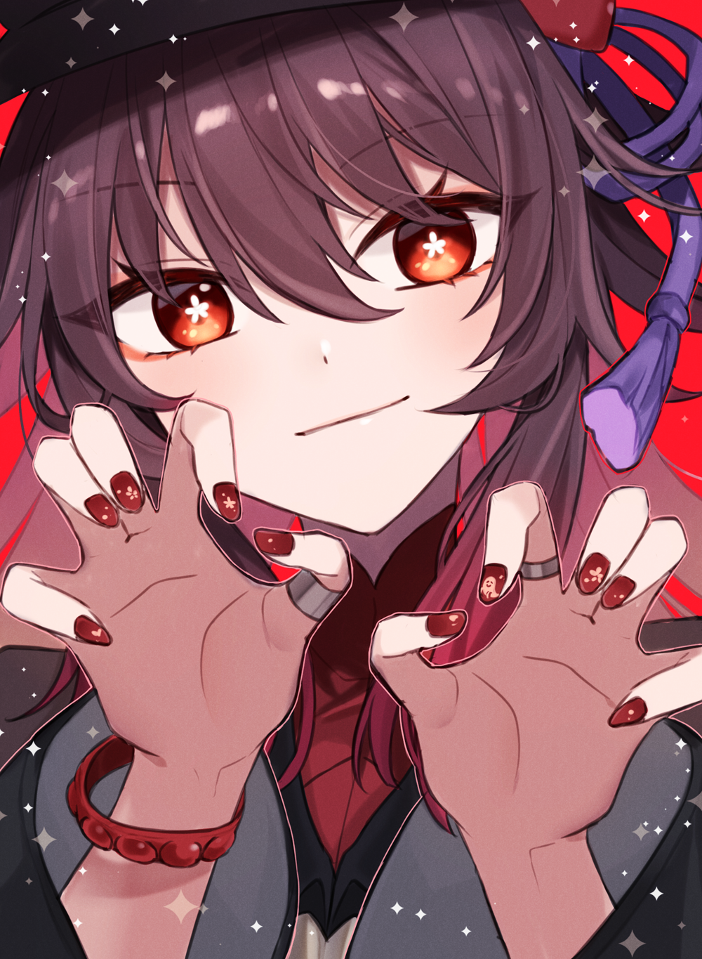 1girl, :|, black_coat, black_hat, bracelet, brown_hair, claw_pose, close-up