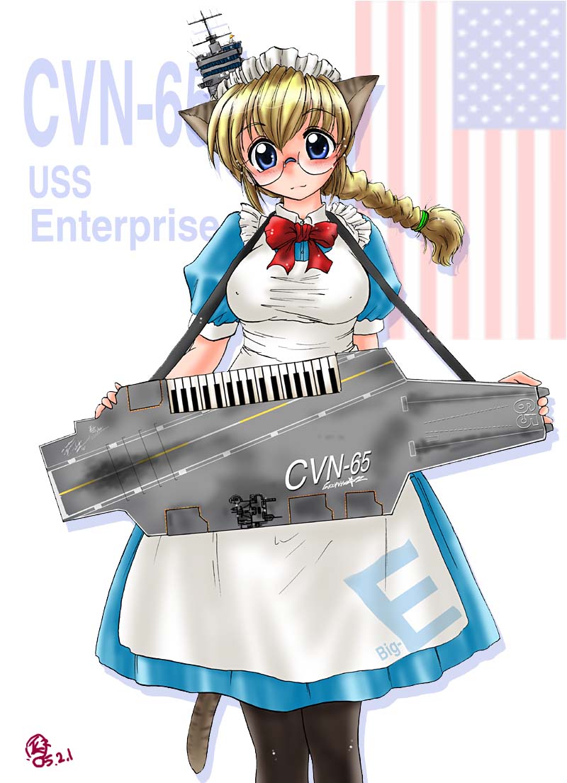 apron, braid, flag, glasses, instrument, kemonomimi_mode, keytar, koshigaya_tatsumi