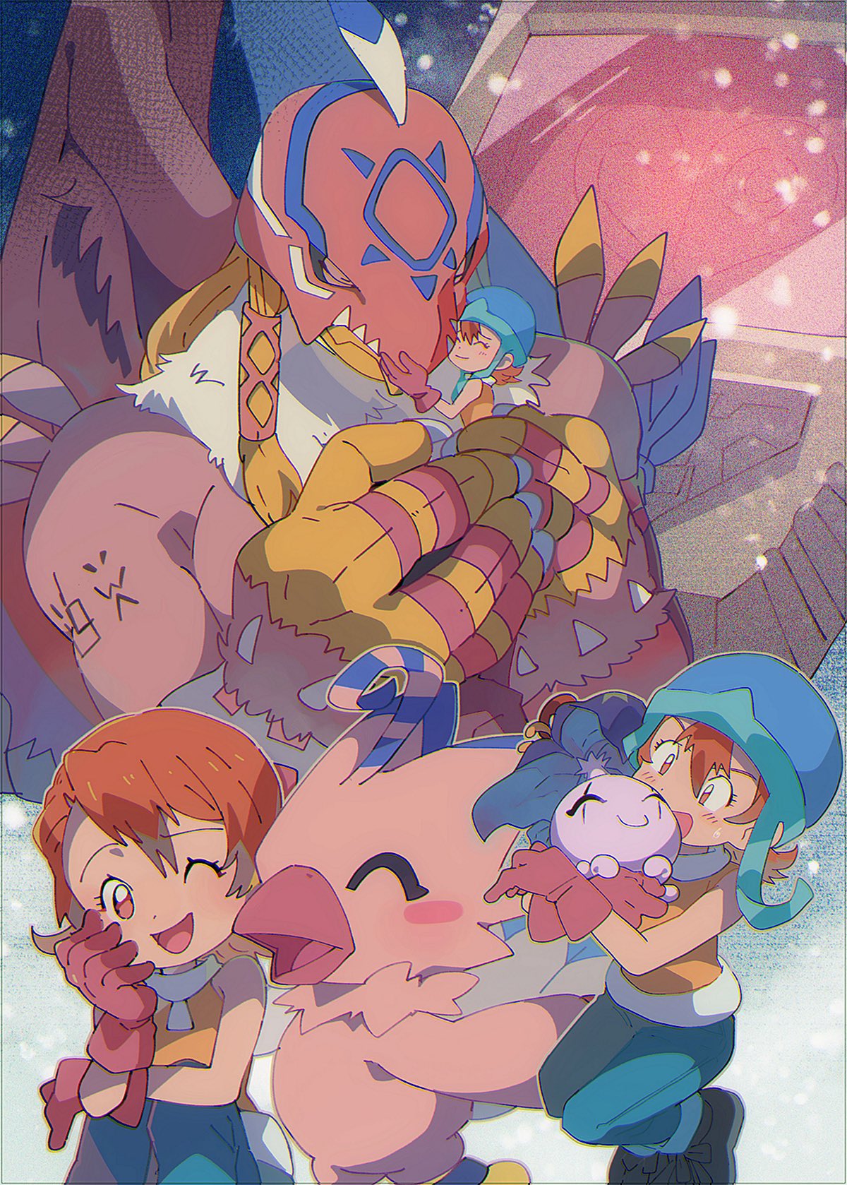 1girl, bird, blue_helmet, brown_hair, closed_eyes, digimon, digimon_(creature), digimon_adventure
