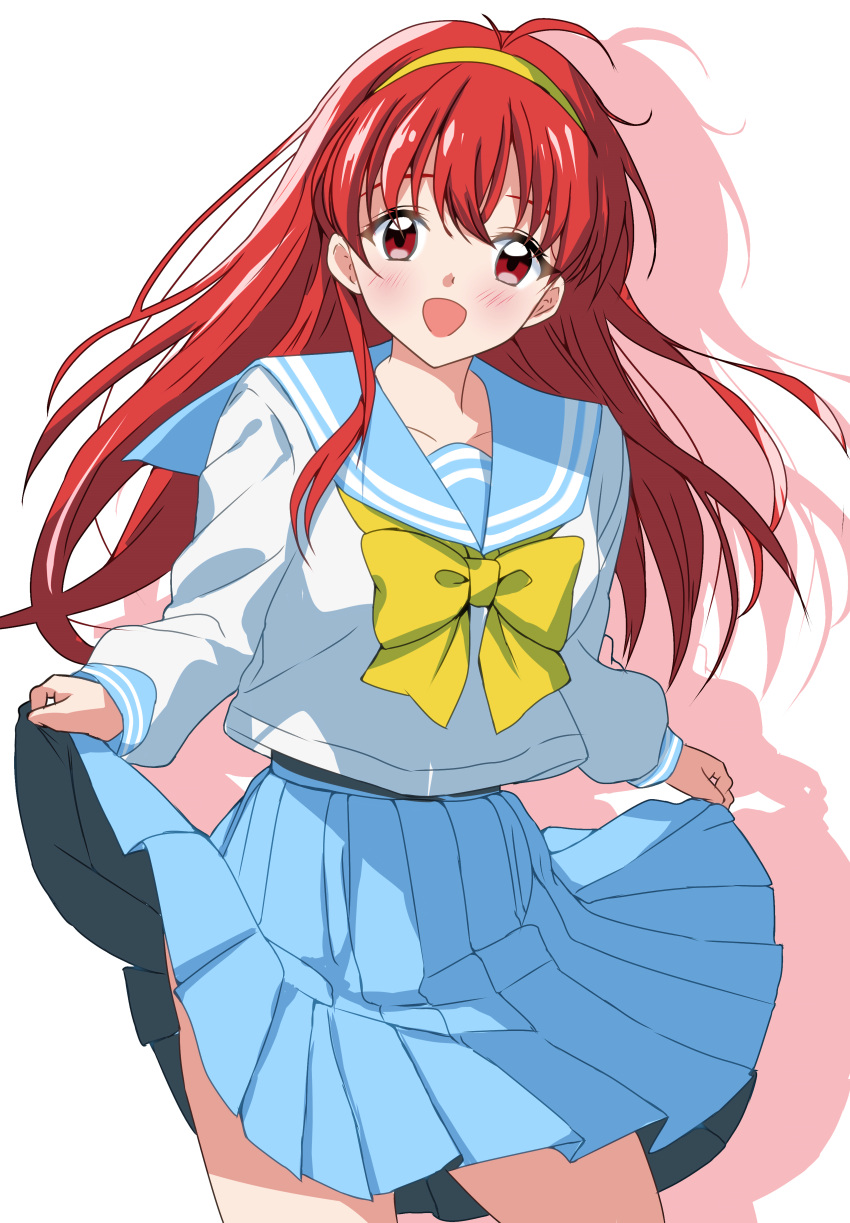1girl, :d, absurdres, ahoge, blue_sailor_collar, blue_skirt, blush, bow, clothes_lift, collarbone, cowboy_shot, dot_nose, fujisaki_shiori, hairband, head_tilt, highres, kirameki_high_school_uniform, legs_apart, long_hair, looking_at_viewer, open_mouth, pleated_skirt, red_eyes, redhead, sailor_collar, school_uniform, serafuku, shadow, shirt, simple_background, skirt, skirt_lift, smile, solo, standing, tetsuado, tokimeki_memorial, tokimeki_memorial_1, white_background, white_shirt, yellow_bow, yellow_hairband