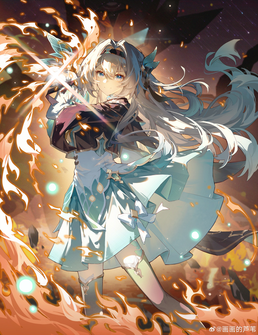 1girl, absurdres, black_hairband, breasts, closed_mouth, cropped_jacket, fire, firefly_(honkai:_star_rail)