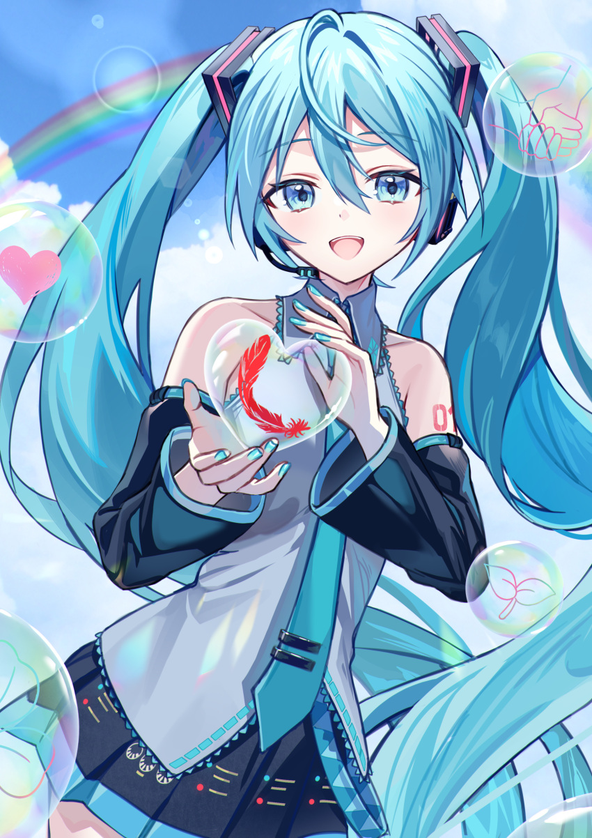 1girl, absurdres, aqua_eyes, aqua_hair, aqua_nails, aqua_necktie, arm_tattoo, blush
