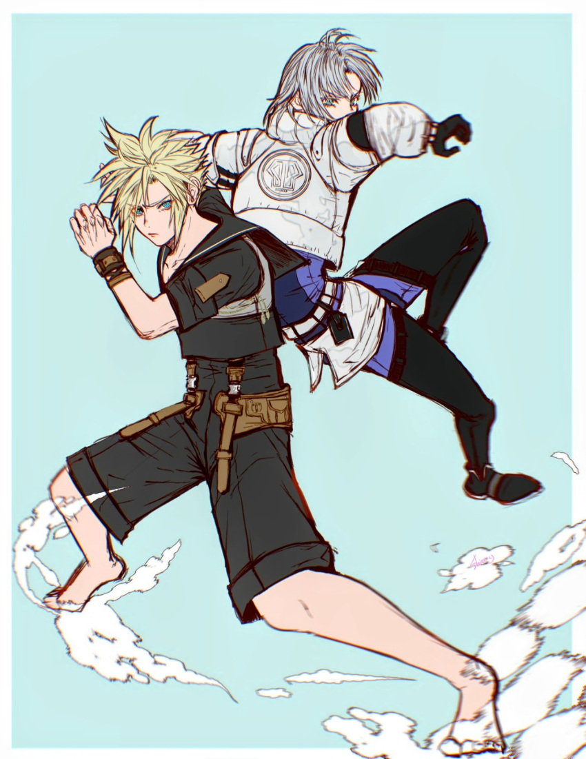 2boys, aqua_background, aqua_eyes, barefoot, black_footwear, black_gloves, black_male_swimwear, black_thighhighs