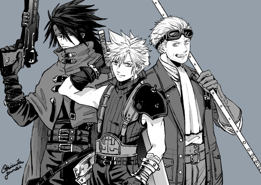 3boys, armor, artist_name, ascot, bandaged_arm, bandages, belt, black_gloves